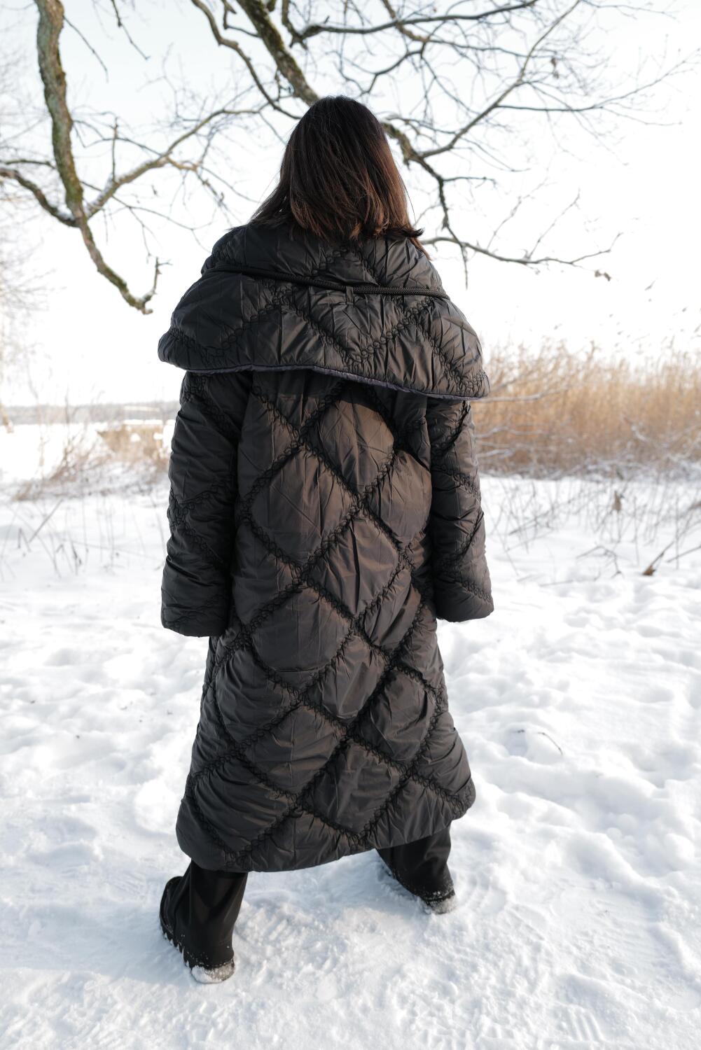 Reversible Long Padded Coat YUKI With Hooded Collar Pre-Fall 26