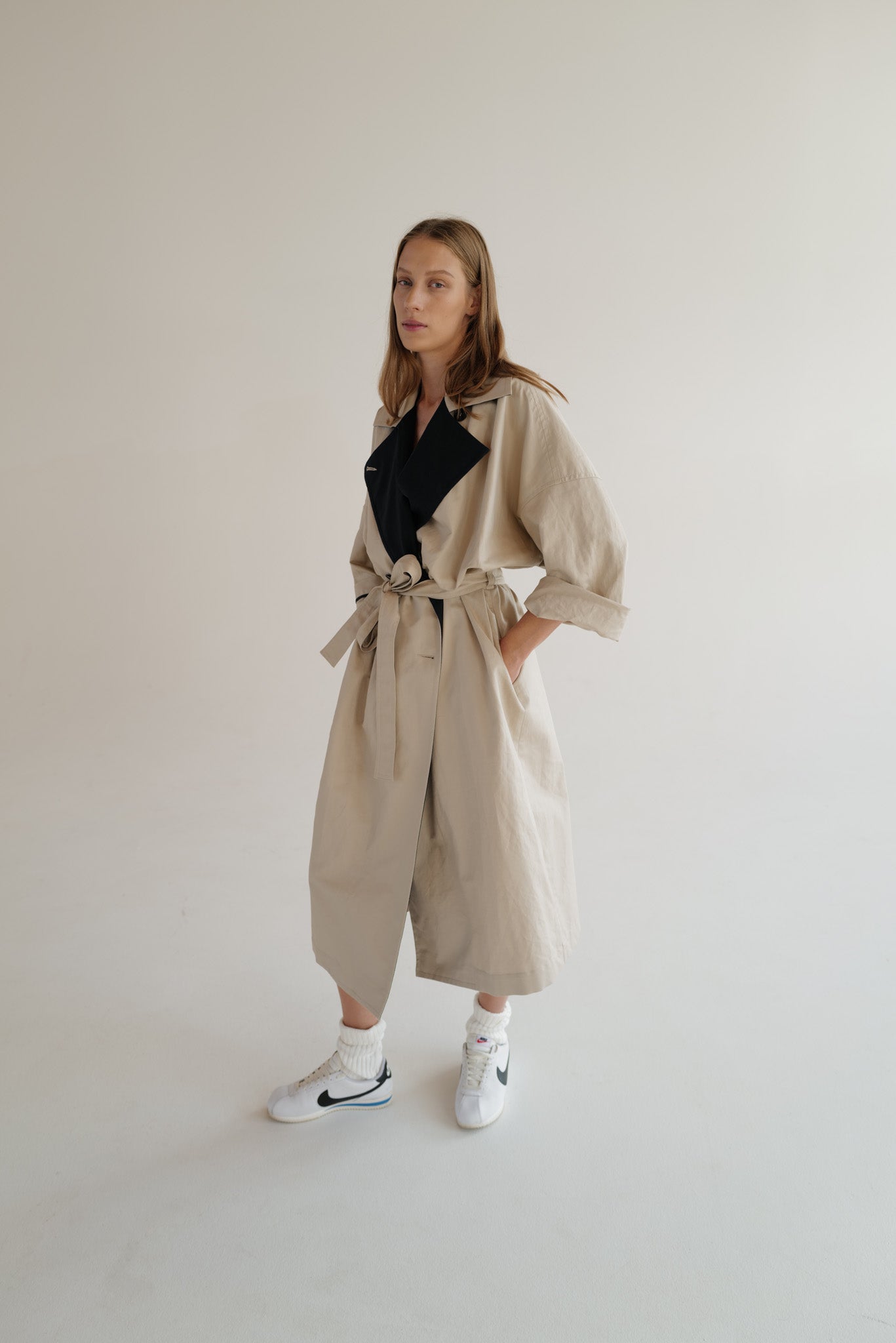 Oversized Double-Breasted Trench Coat AGATA with contrast collar