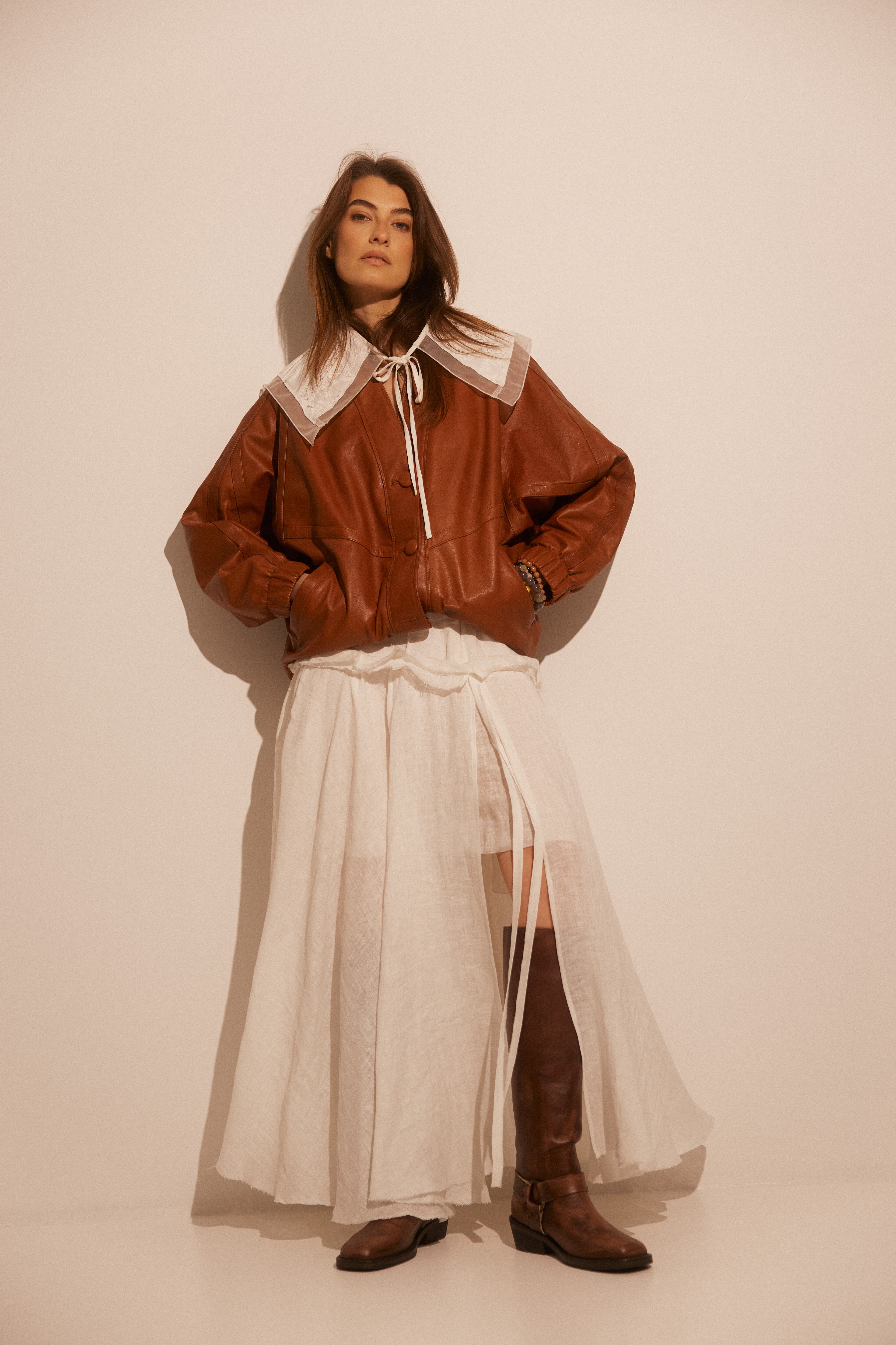 Fine Linen Maxi Skirt SARA With Side Slits and a Yoke SS26