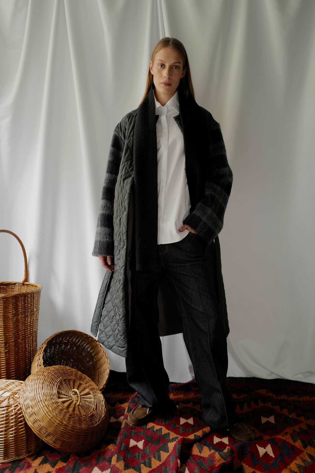 Quilted Coat With a Belt and Lama Wool Sleeves