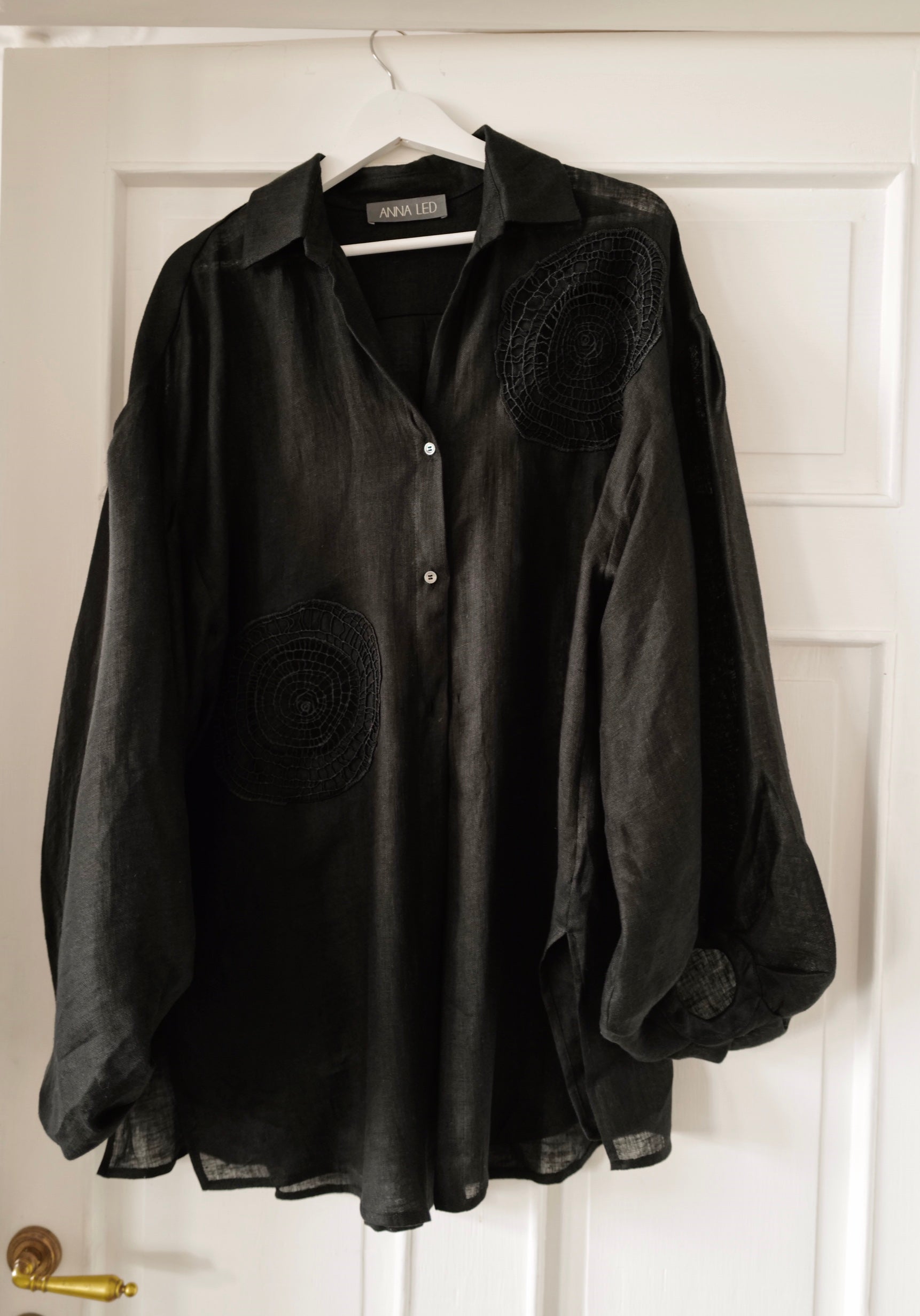 Linen Transparent Shirt -Tunic with Hand Made Embroidery Black
