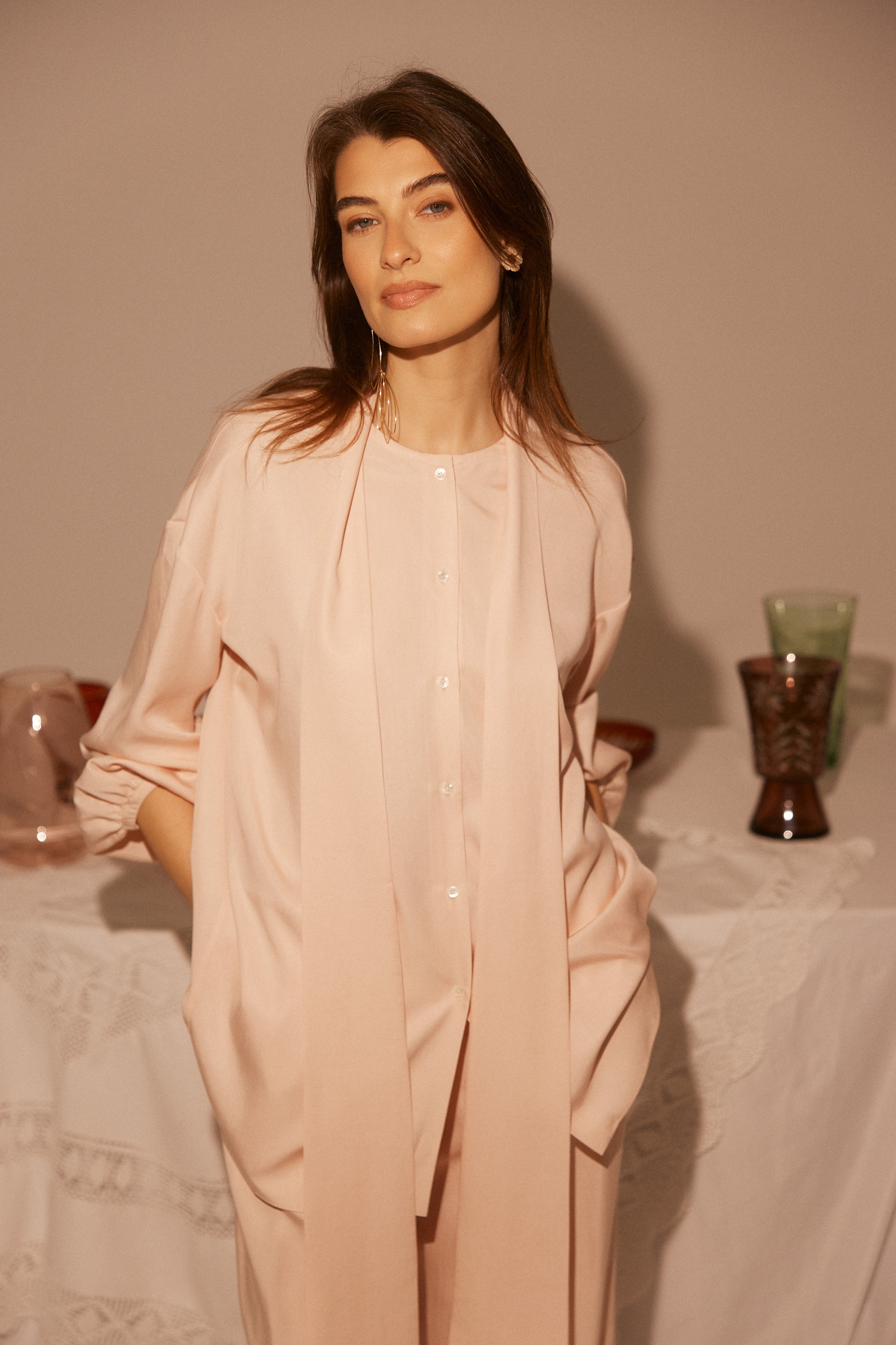 Cupro Pink Blouse With Open Back and Collar-Scarf SS26