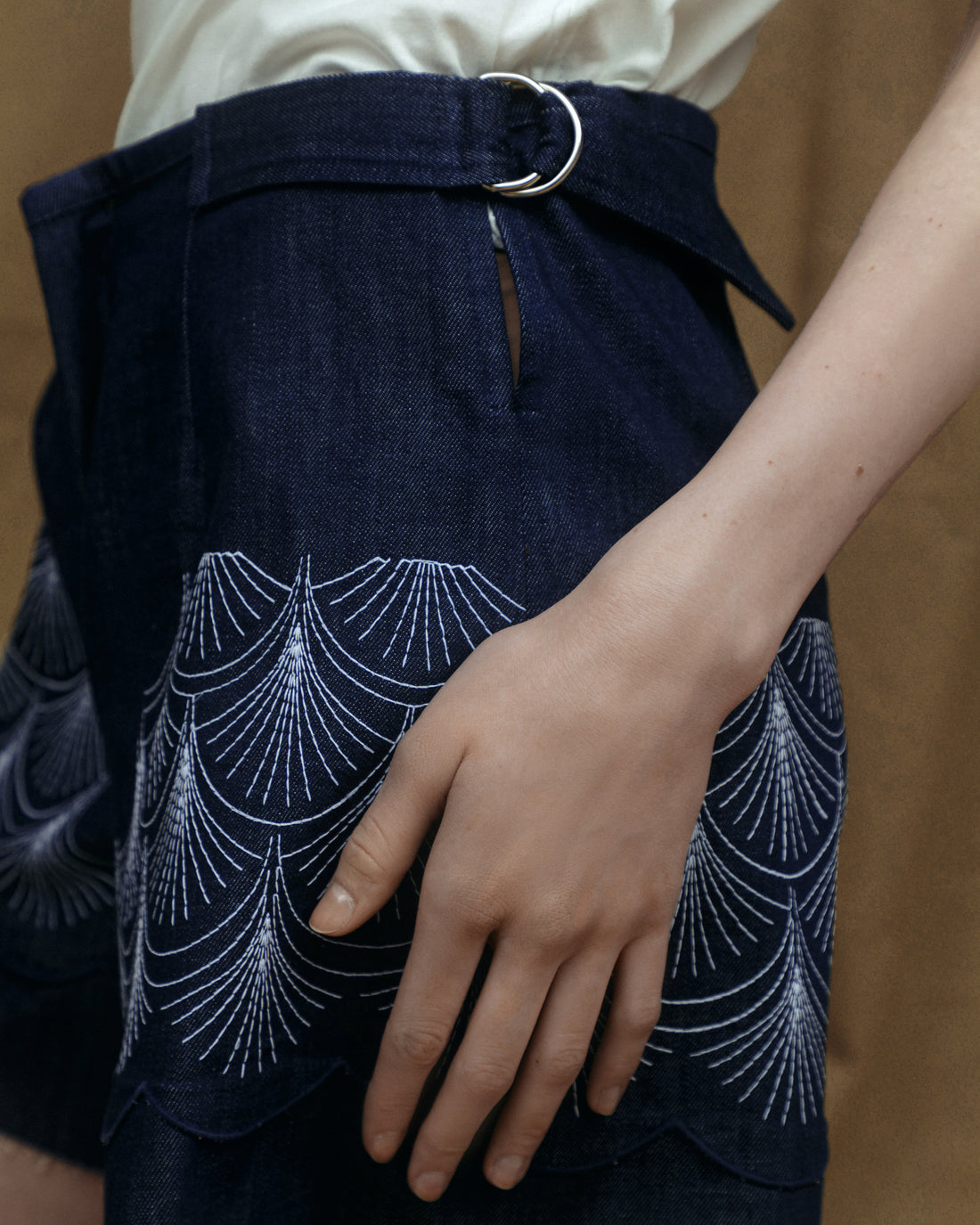 Denim shorts with Art -Nouveau -inspired embroidery