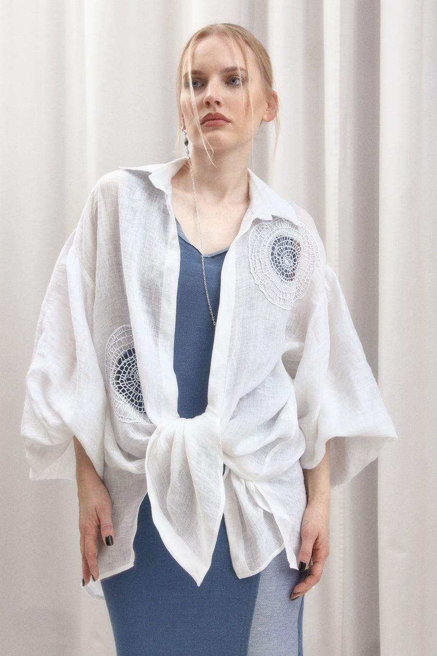 Fine Linen Hand Made Embroidered Tunic RING WHITE