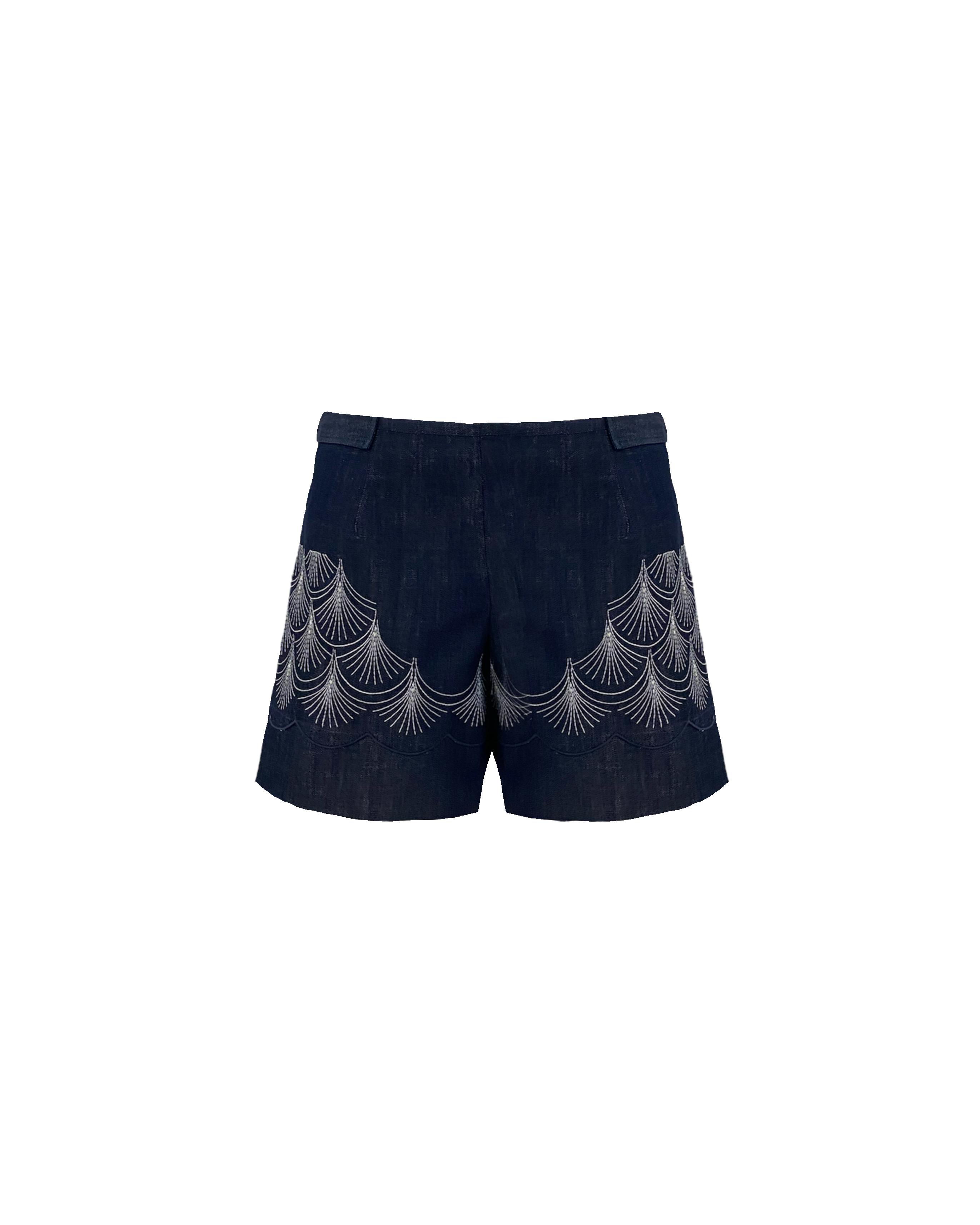 Denim shorts with Art -Nouveau -inspired embroidery