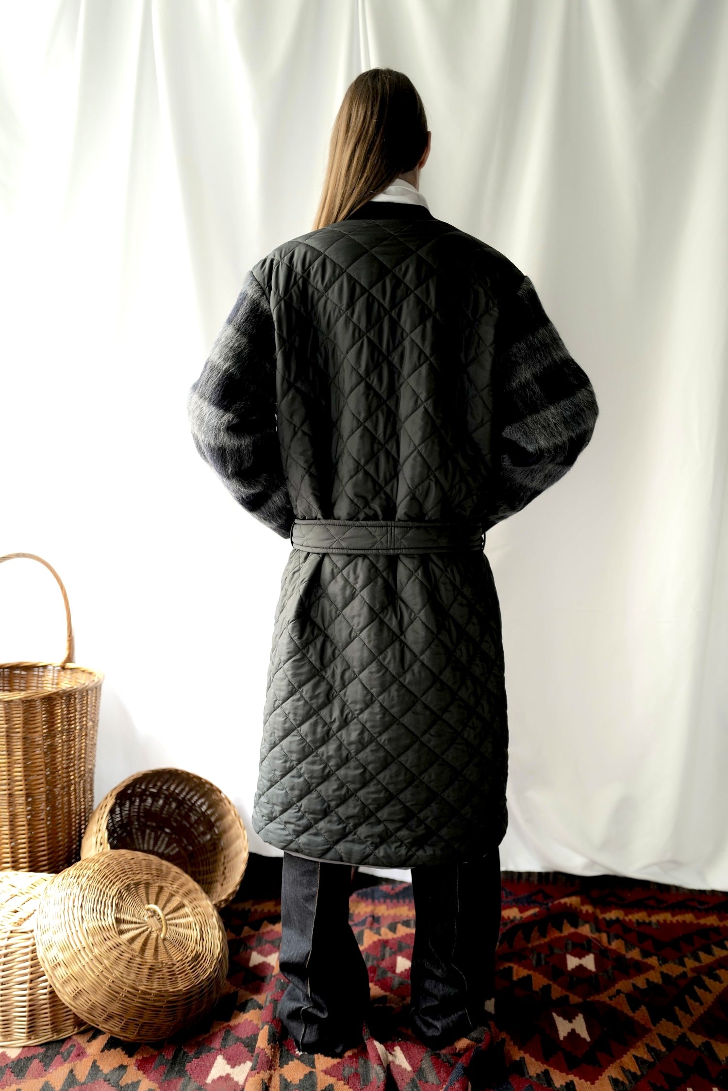 Quilted Coat With a Belt and Lama Wool Sleeves