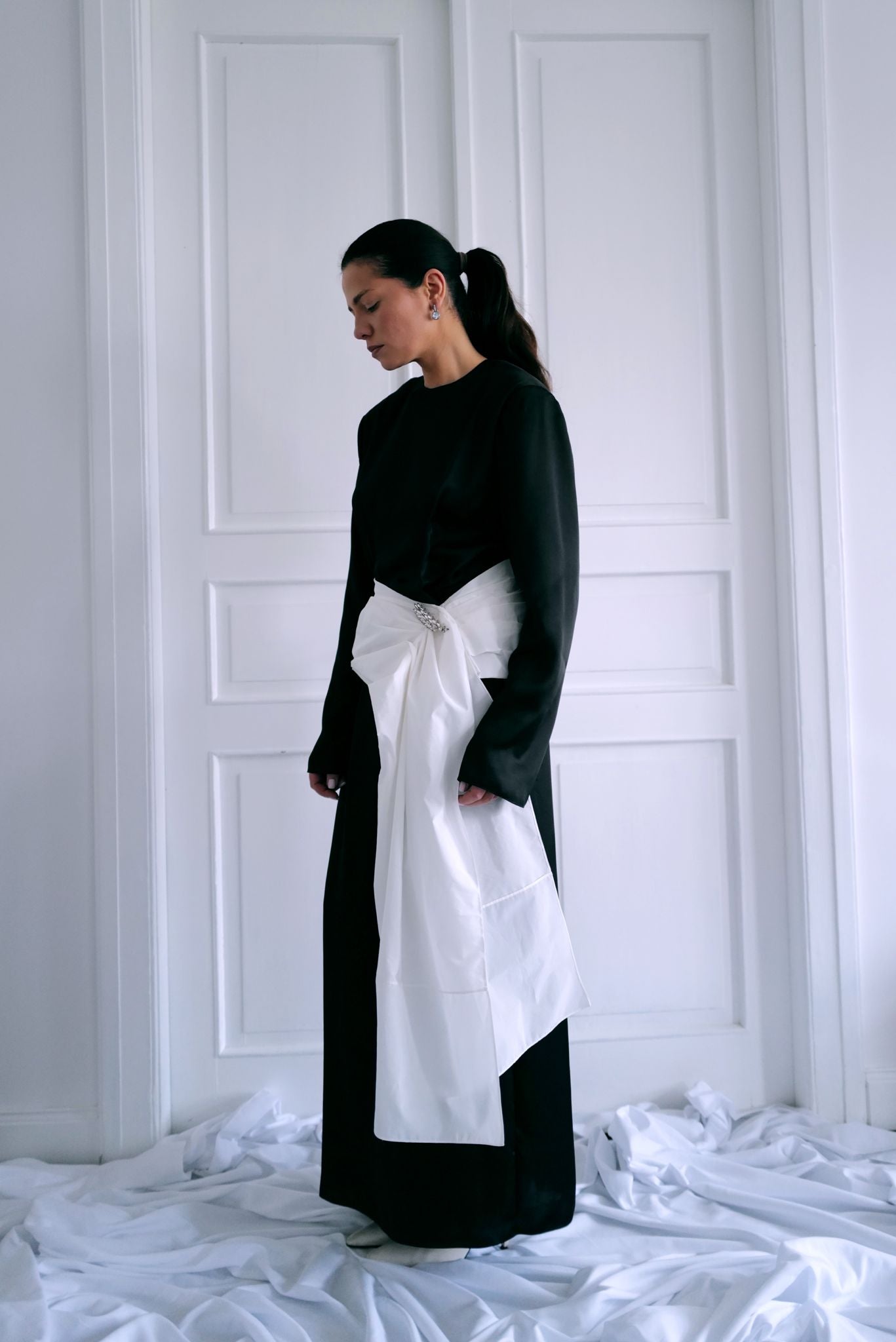 Silk Taffeta Peplum with Draping and Train