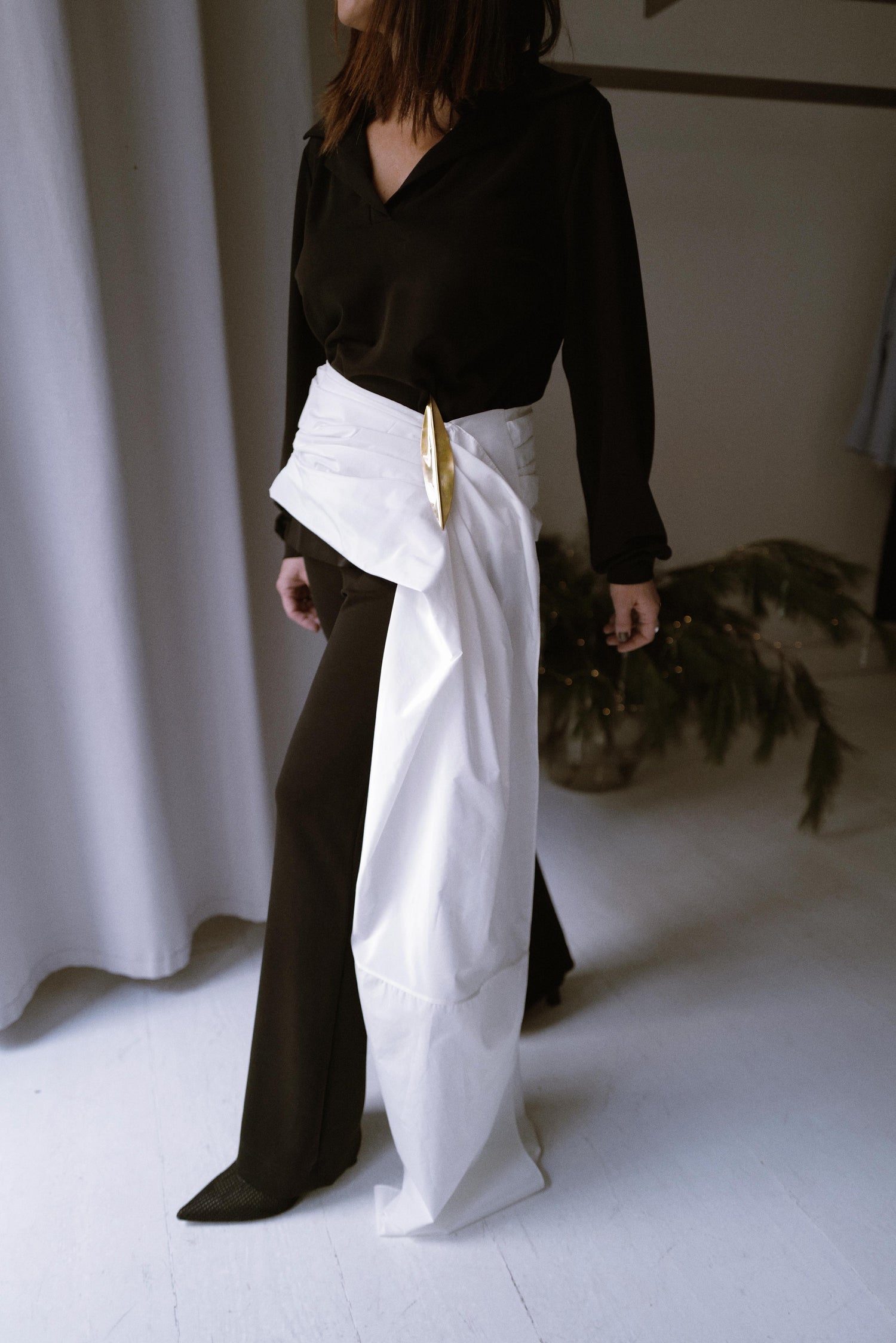 Silk Taffeta Peplum with Draping and Train