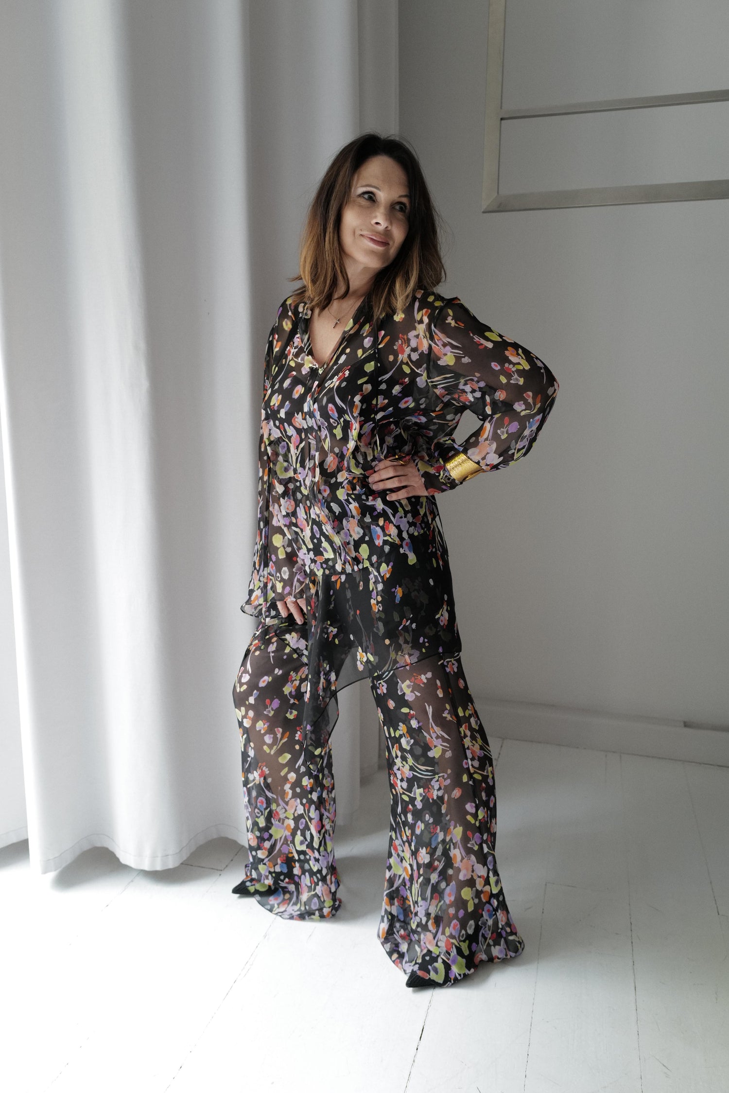 Silk Three-Piece Set in a Fine Floral Print
