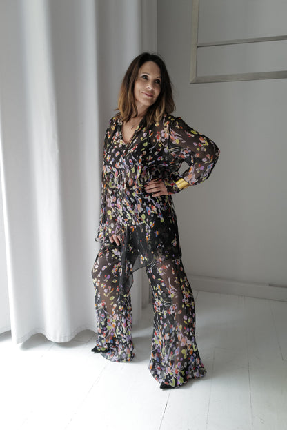 Silk Three-Piece Set in a Fine Floral Print