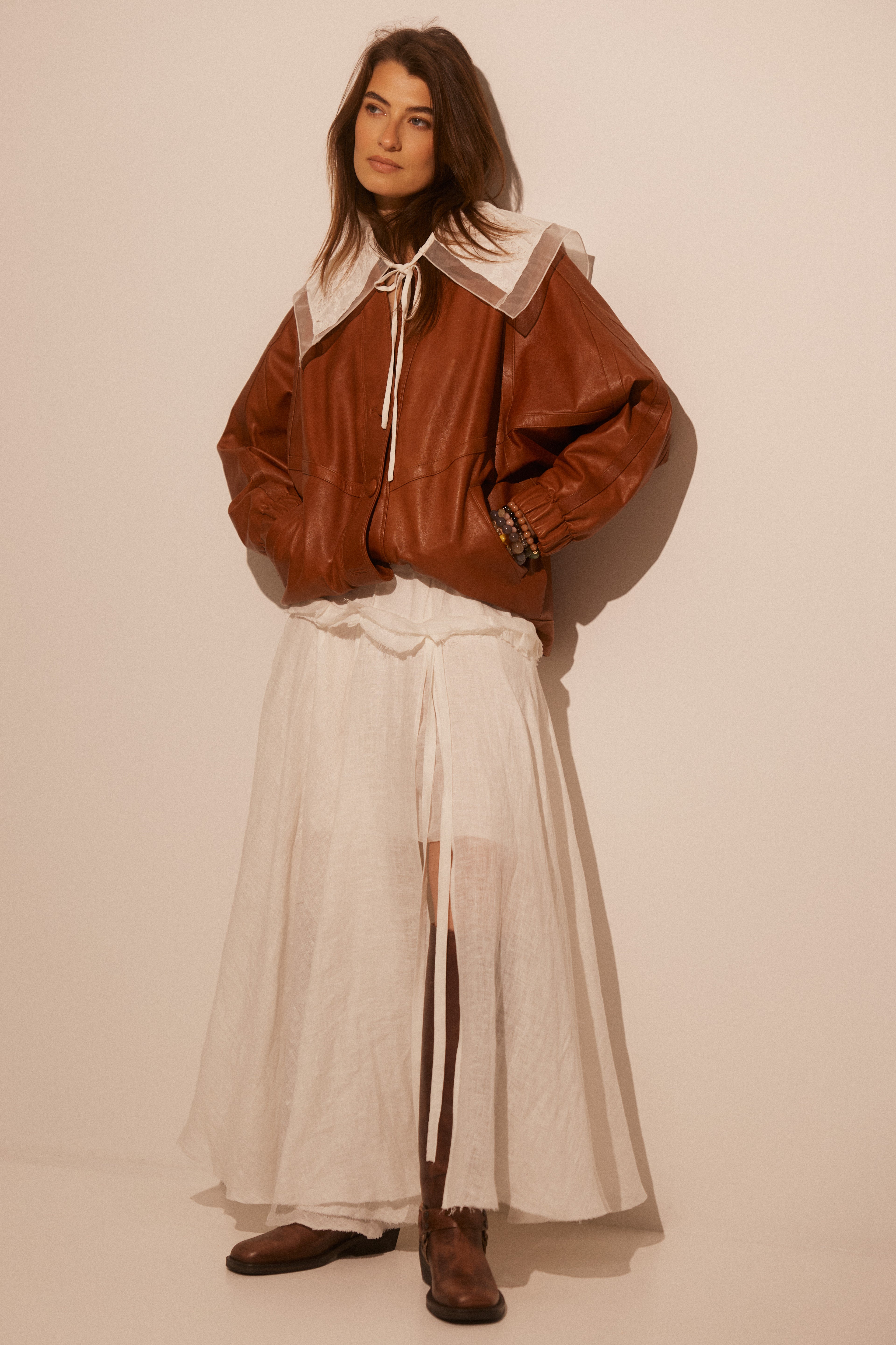 Wide Linen Maxi Skirt SARA With Side Slits and a Yoke SS26