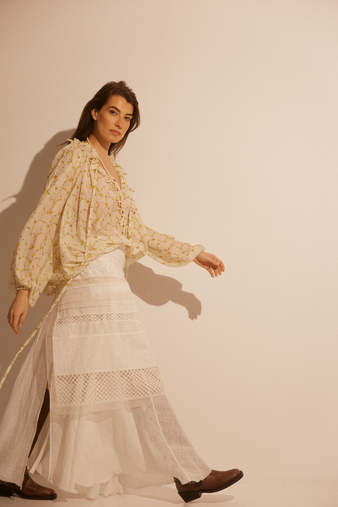 Wide Linen Maxi Skirt SARA With Side Slits and a Yoke SS26