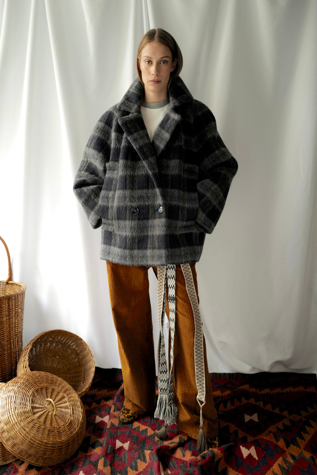 Liama Fluffy Double Breasted  Plaid Half Coat AW25