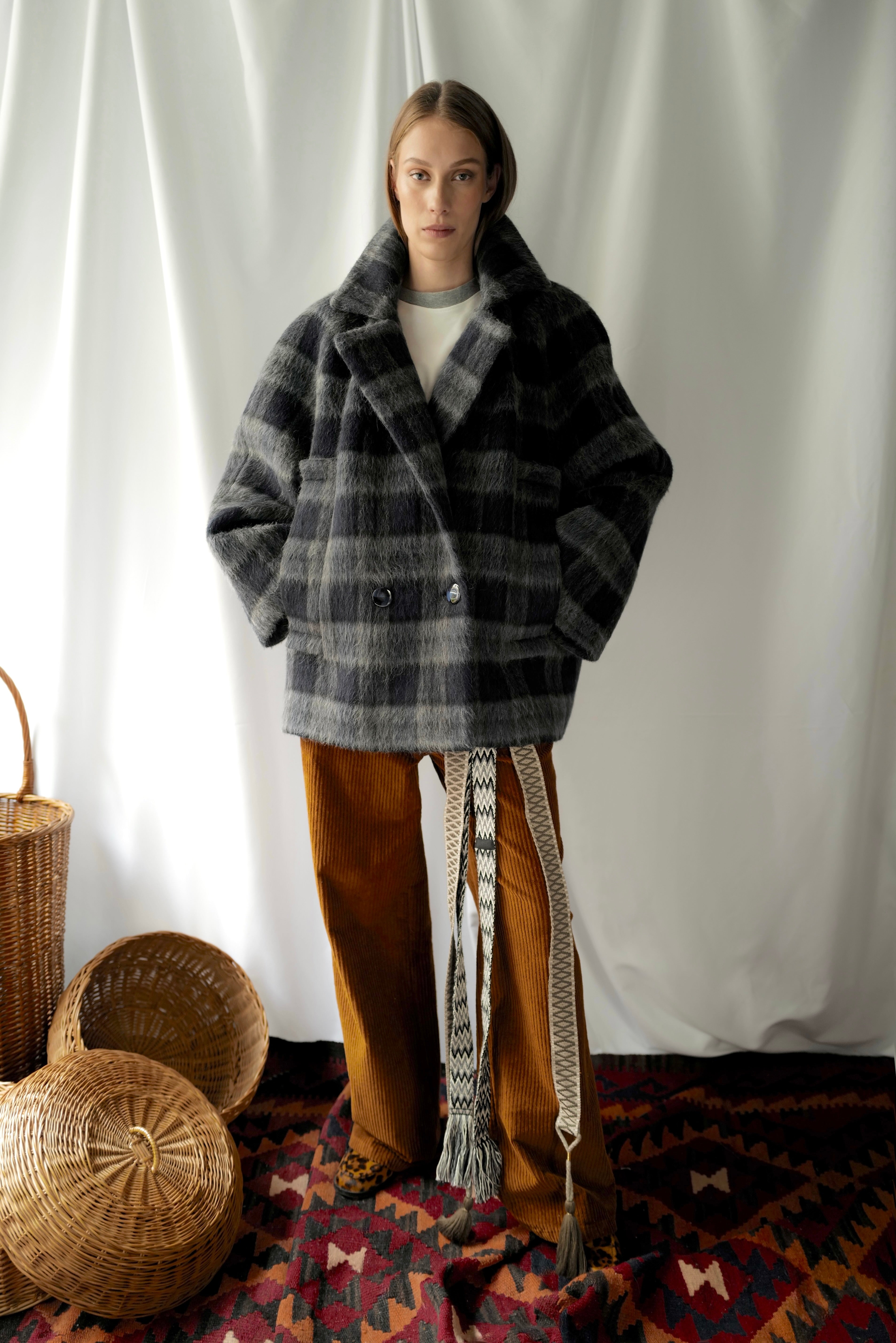 Liama Fluffy Double Breasted  Plaid Half Coat AW25