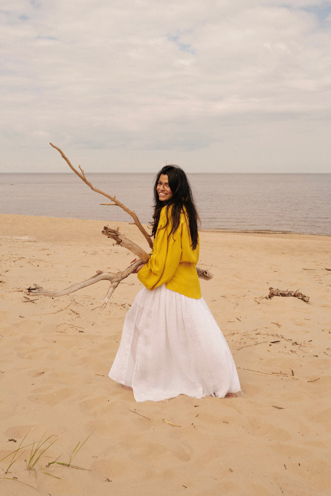 Fine Linen Maxi Skirt SARA With Side Slits and a Yoke SS26