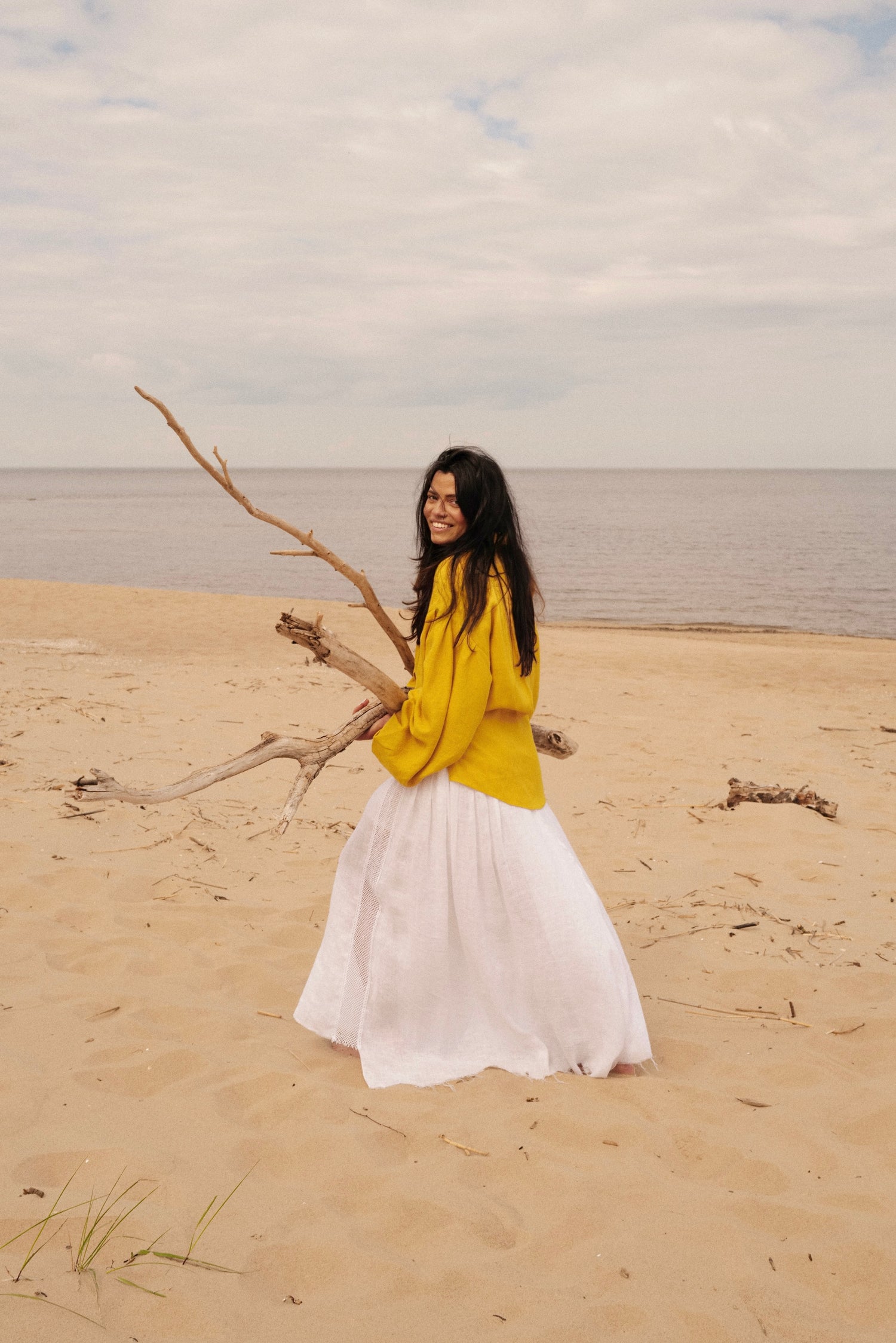Fine Linen Maxi Skirt SARA With Side Slits and a Yoke SS26