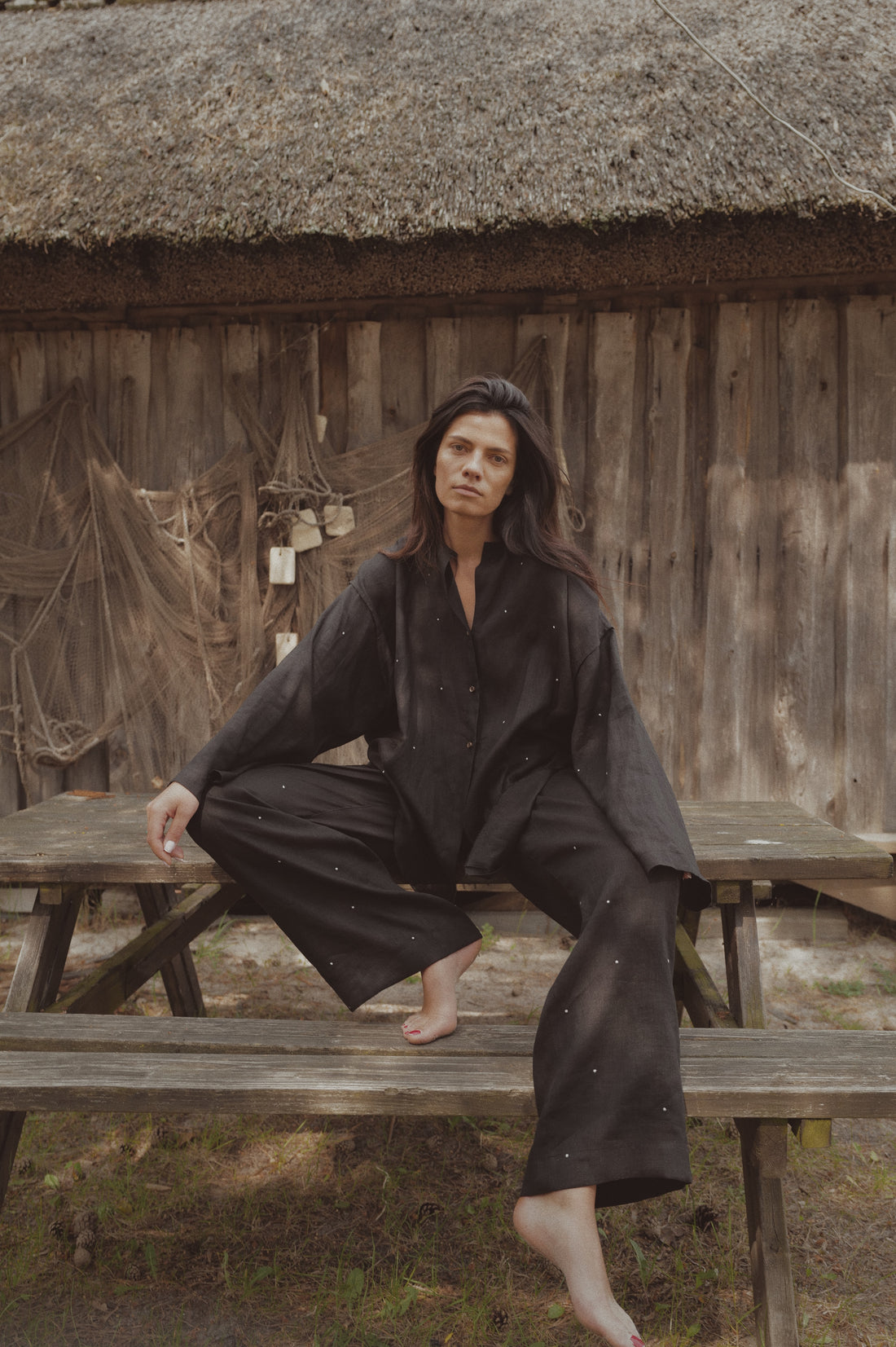 Soft Light Linen Shirt THE DOTS BLACK