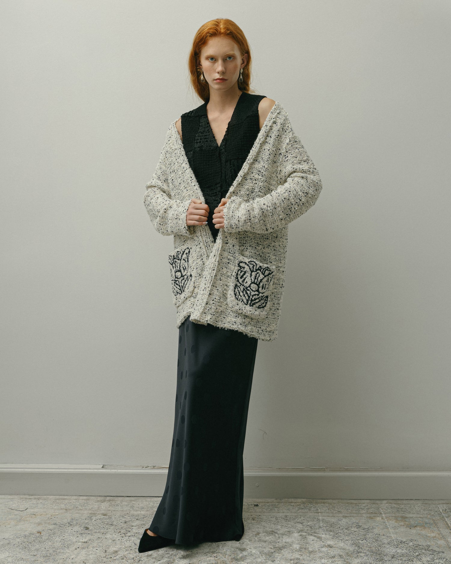 BLACK AND WHITE BOUCLE CARDIGAN WITH POCKETS AW23/24