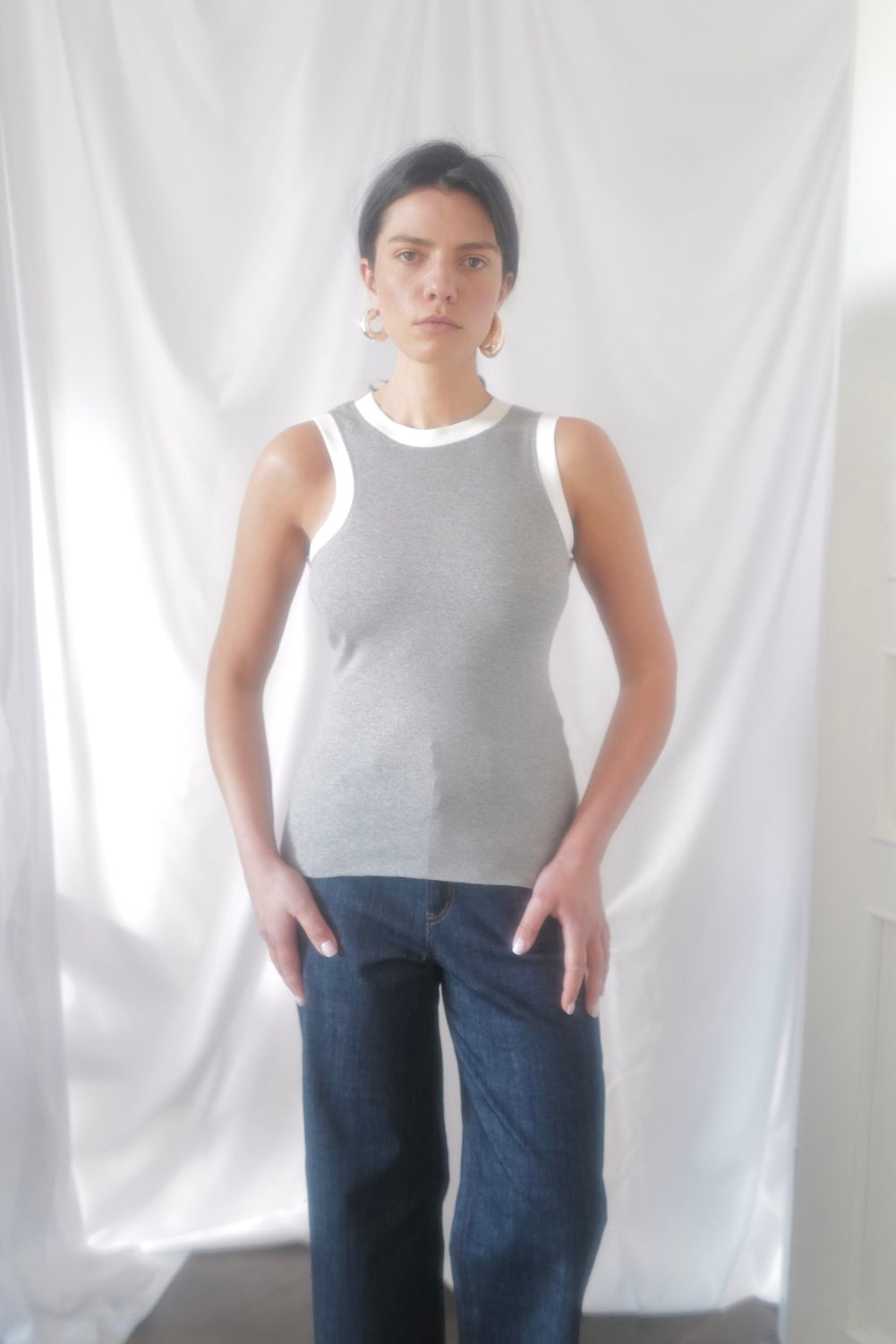Grey/White  Organic Cotton Asymmetrical armhole Tank Top SS25