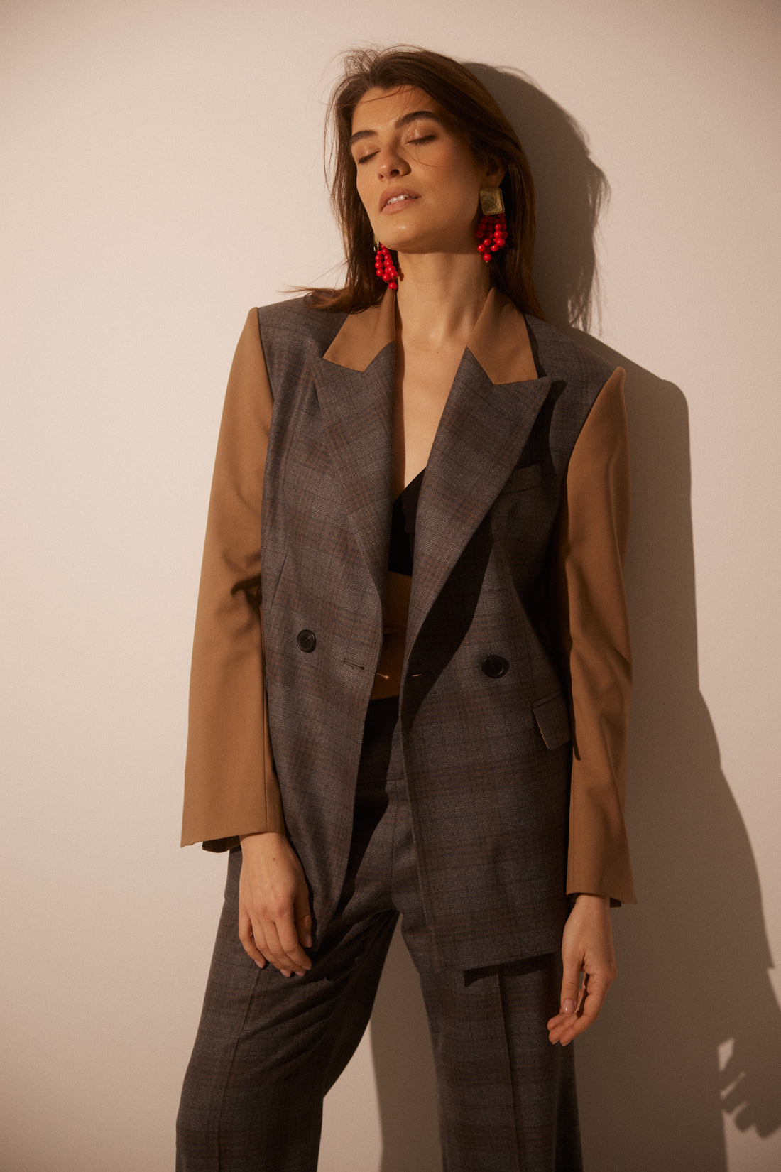 Colour-Block Double-Breasted Fitted Fine Wool Blazer