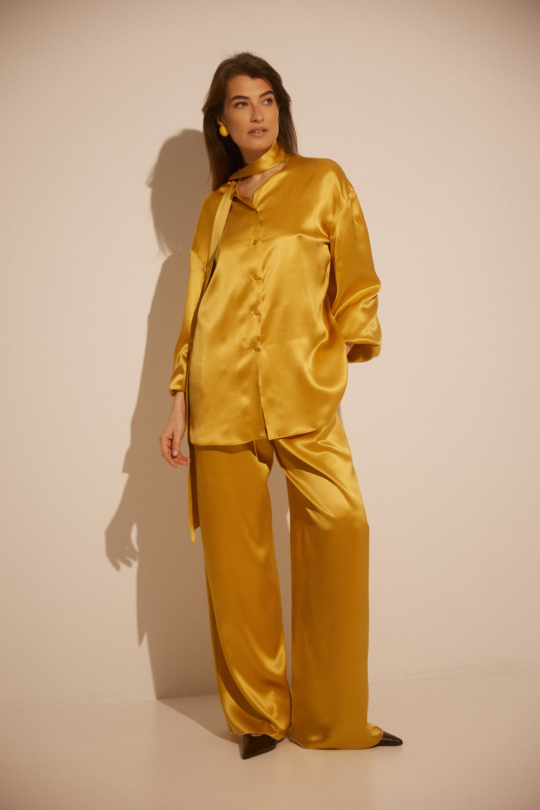 Golden Yellow Fluid Wide-Leg Silk Trousers ROMA SS26