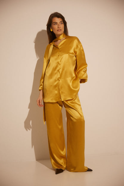 Golden Yellow Fluid Wide-Leg Silk Trousers ROMA SS26