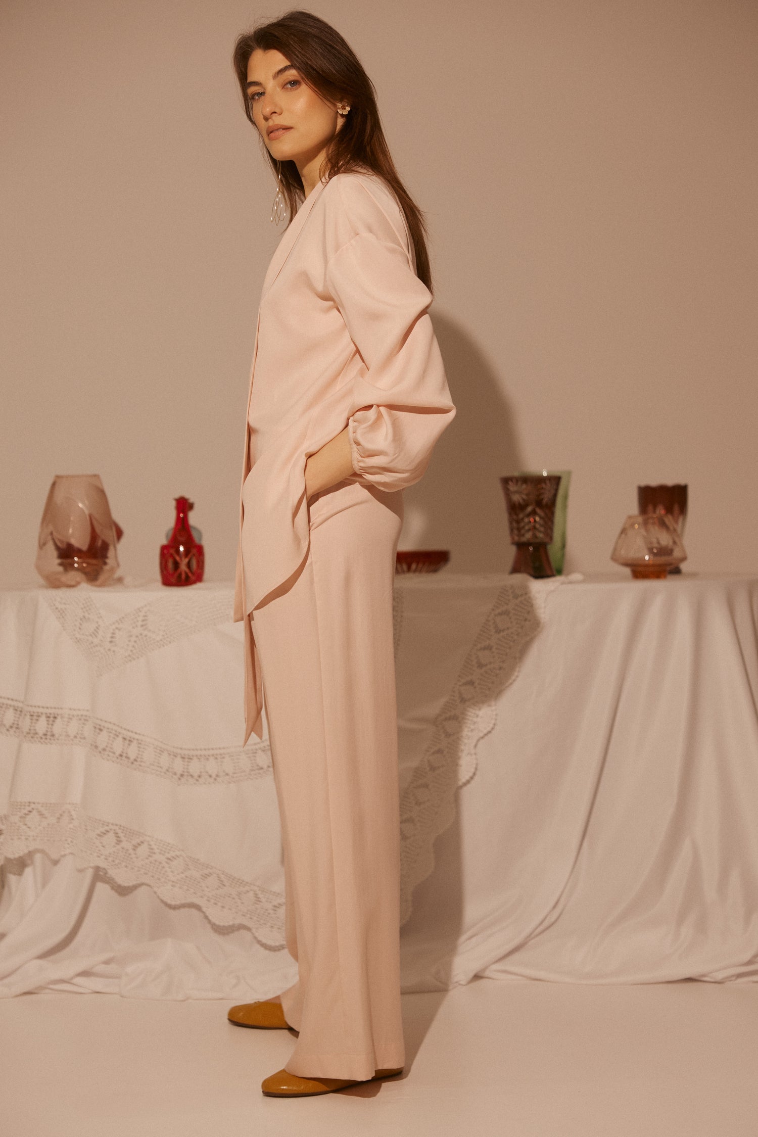 Cupro Pink  Blouse With Open Back and Collar-Scarf SS26