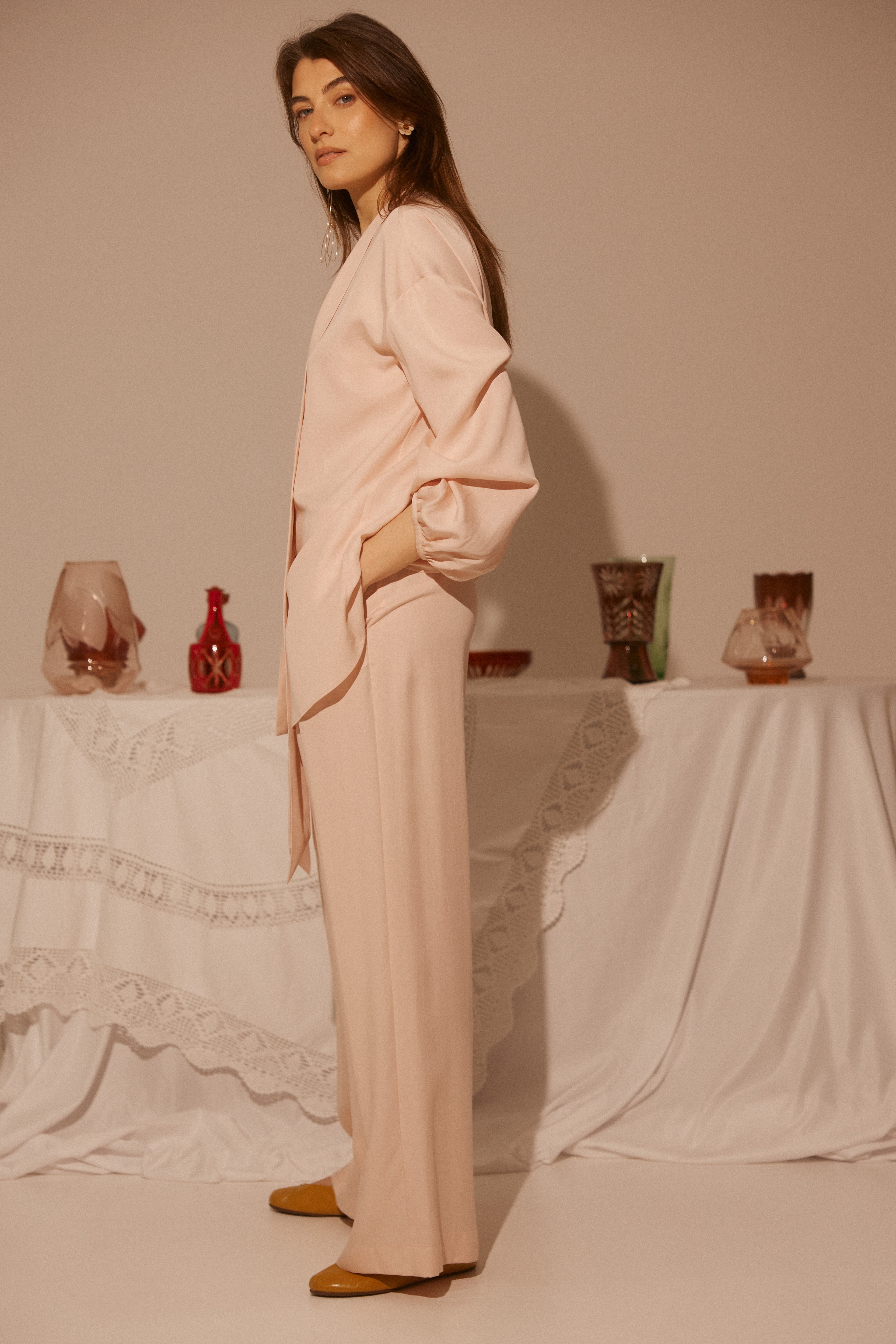 Cupro Pink  Blouse With Open Back and Collar-Scarf SS26