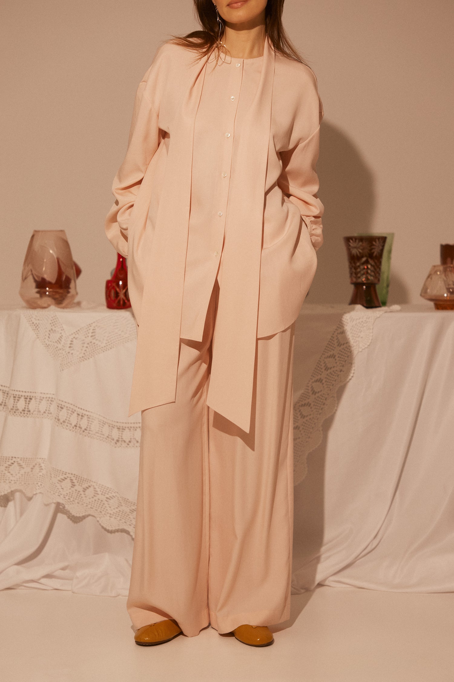 Cupro Pink  Blouse With Open Back and Collar-Scarf SS26