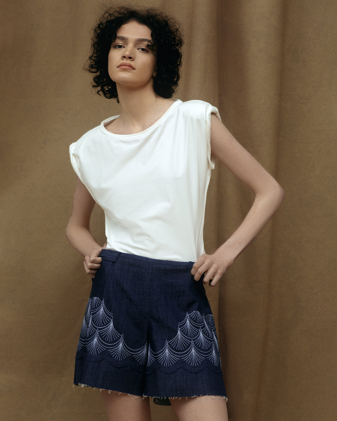 Denim shorts with Art -Nouveau -inspired embroidery