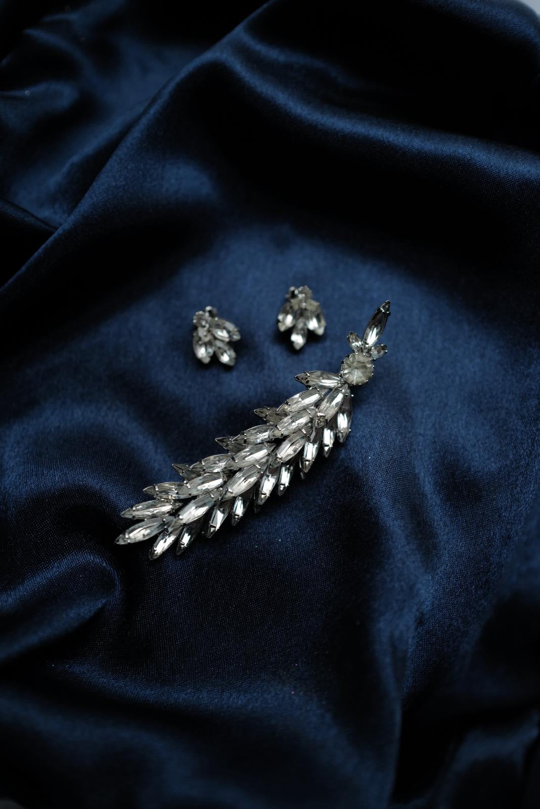 Vintage Crystal Feather Brooch with Clip-ons Set
