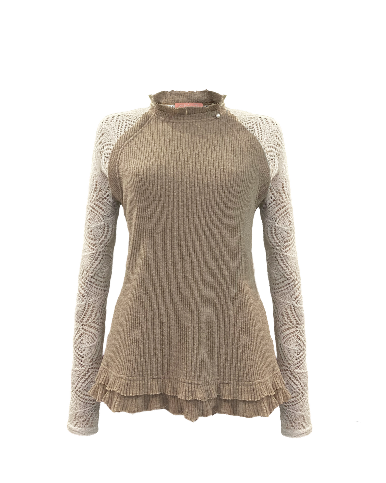 BEIGE TOP WITH WHITE DECORATIVE LONG SLEEVES AW23/24
