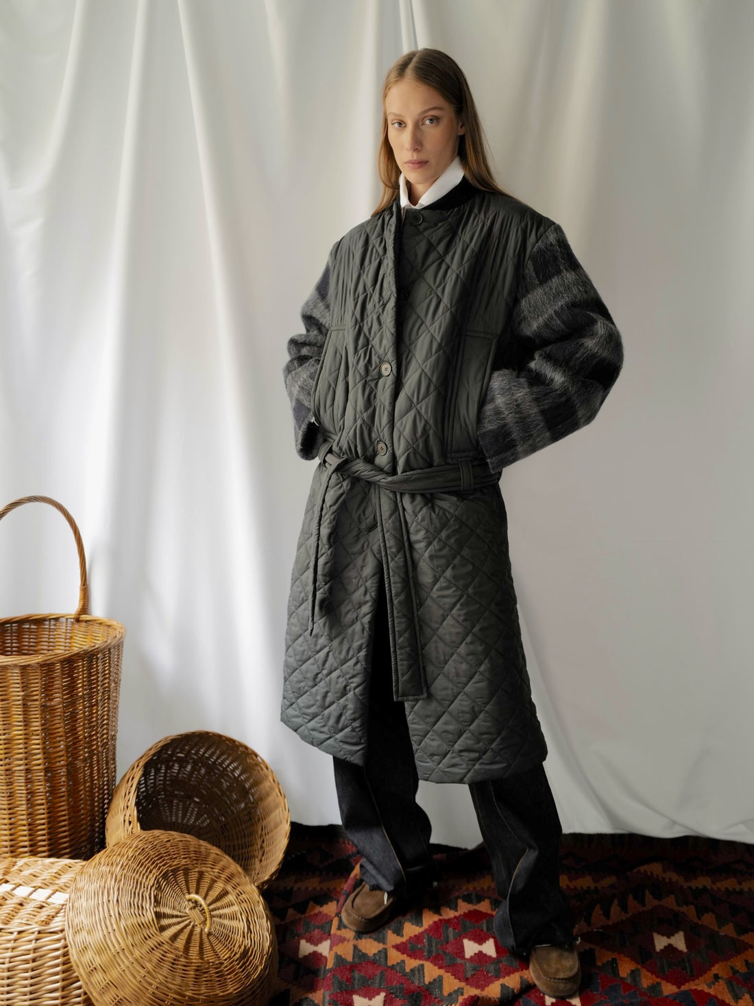 Quilted Coat With a Belt and Lama Wool Sleeves
